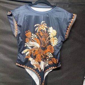 SHEIN Bodysuit with Orange and White Tropical Print